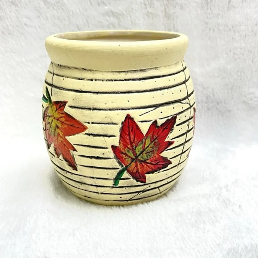 Heritage Pottery Vase Cream With Bright Orange‎ Leaves And Black Etching